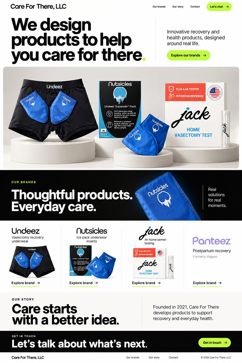 Undeez recovery underwear, Nutsicles gel packs, and Jack At Home testing kit arranged on cream studio platforms
