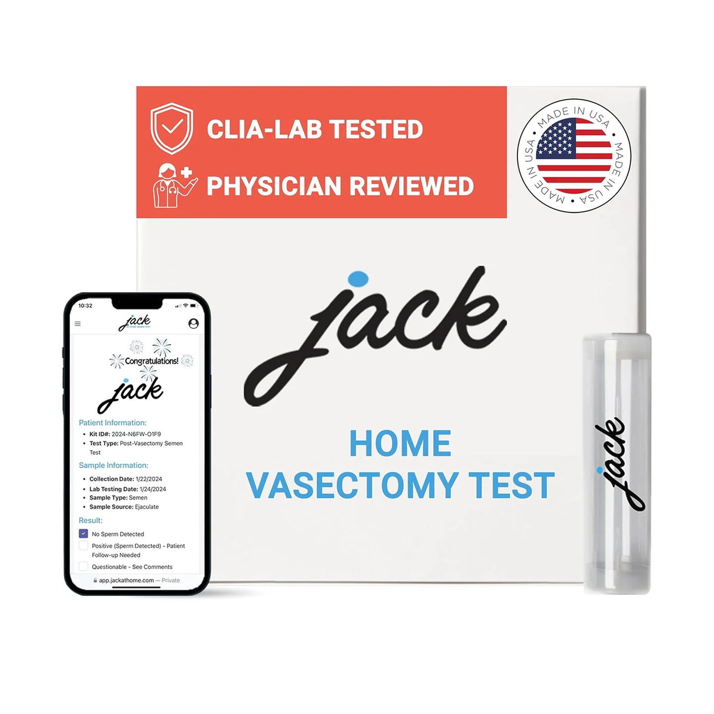 Original Jack At Home vasectomy test kit, sample container, and results screen